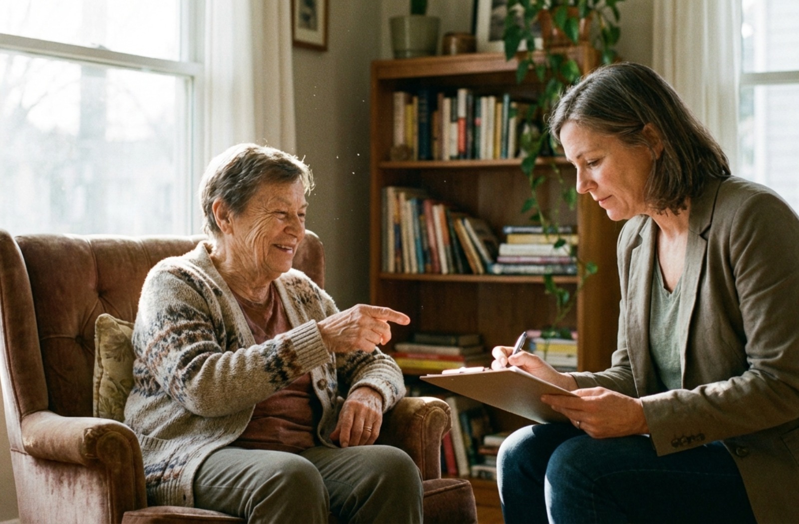 Older adult sitting in an armchair discussing care options with a professional holding a clipboard in a sunlit room.