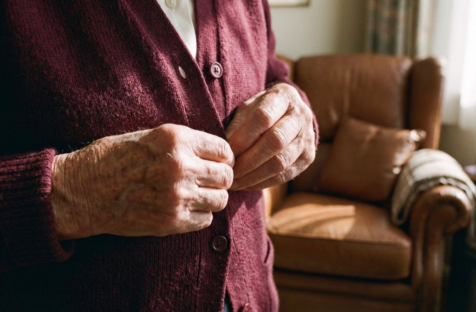Close-up of older adult hands attempting to button a sweater, highlighting dexterity challenges involved in daily dressing tasks.
