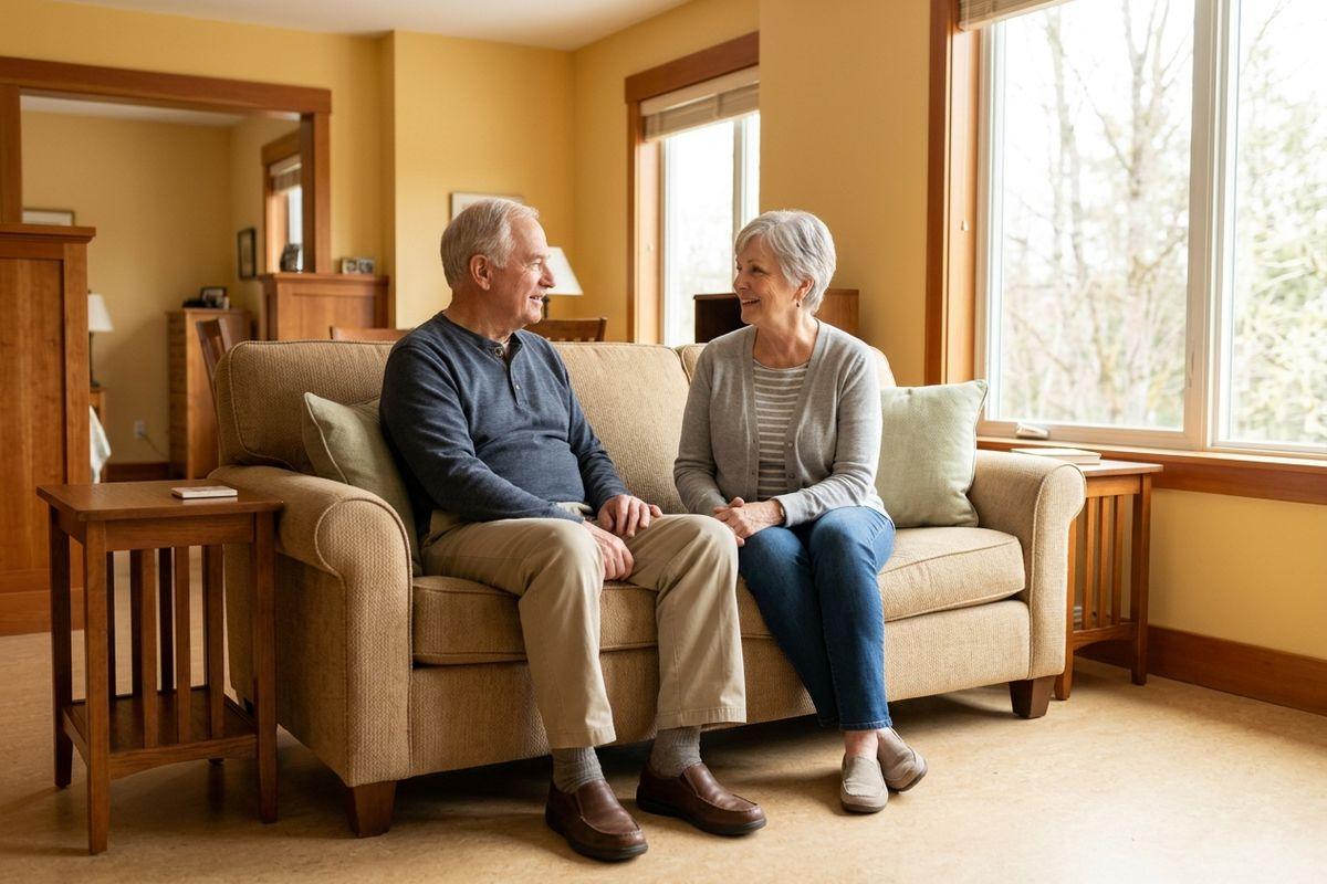 Two older adults sit together on a beige sofa, holding hands and smiling at each other in a sunlit living room.