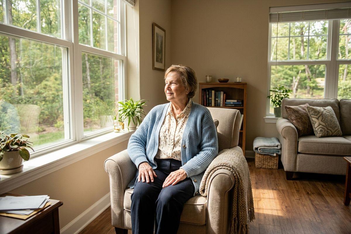 Older adult in a blue cardigan sits in an armchair by a window, smiling and looking outside in a sunlit living room.