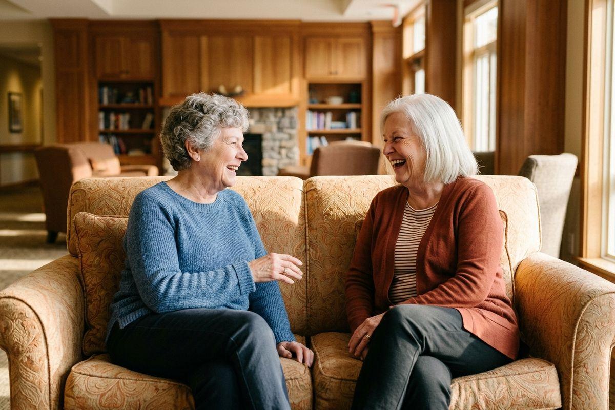Two older adults sit on a patterned sofa, laughing together in a wood-paneled lounge with bookshelves and a fireplace.