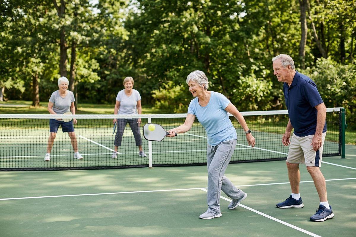 Four older adults playing pickleball on an outdoor court, one hitting the ball with a paddle over the net, all smiling.