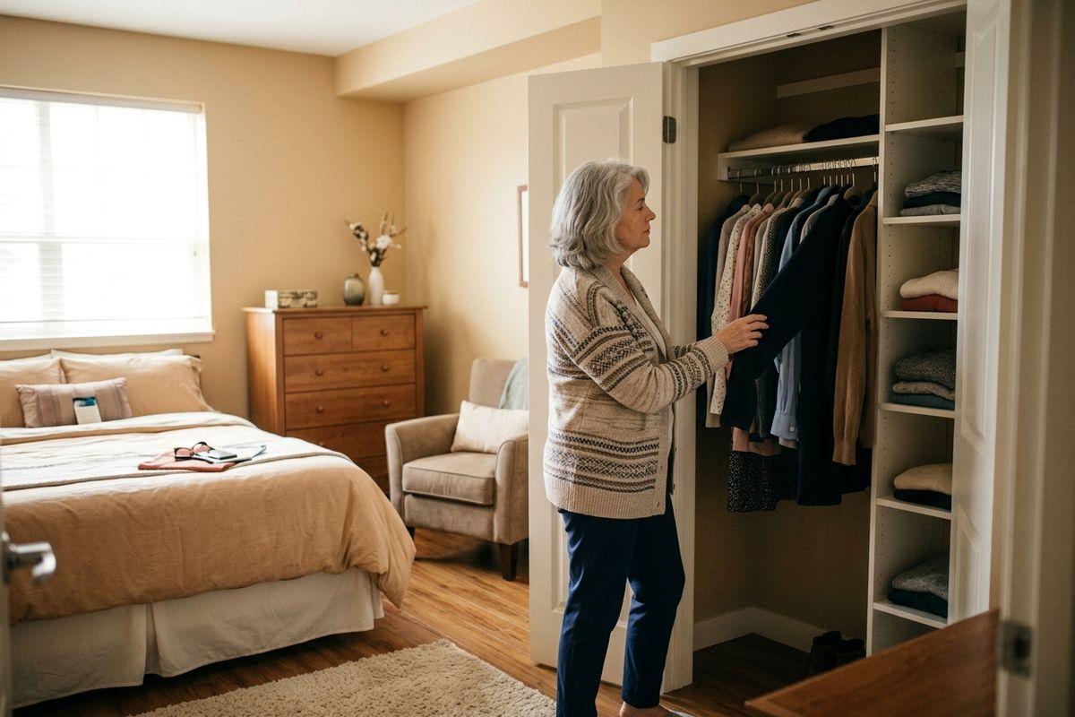 Older adult selecting clothing from a bedroom closet, next to a bed and dresser.