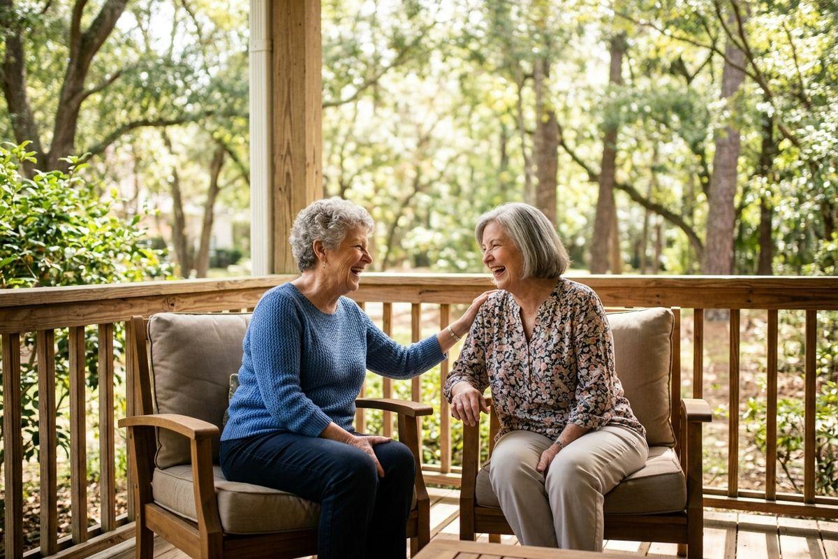 Two older adults laughing together while sitting in cushioned wooden chairs on a porch surrounded by trees.